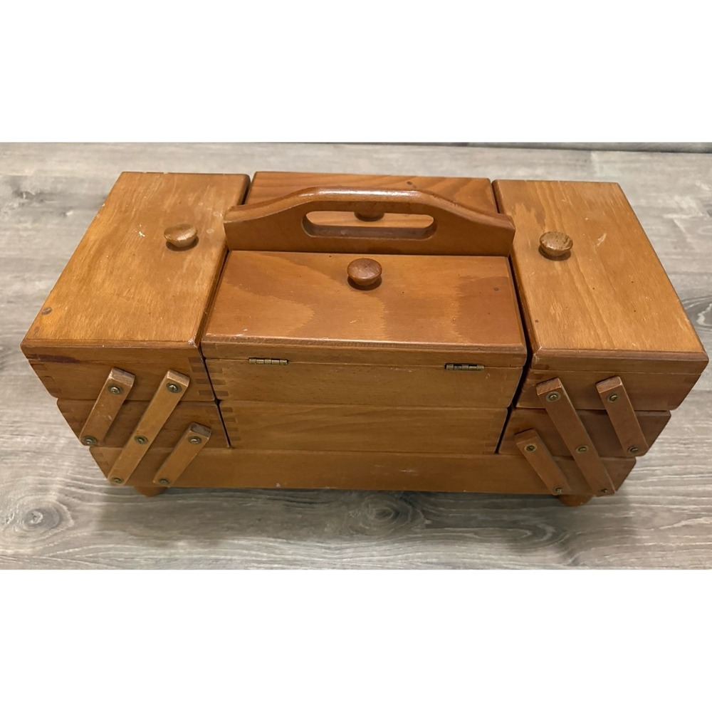 Vintage Accordion Style 3 Tier Fold Out Wooden Sewing Jewlery Romania